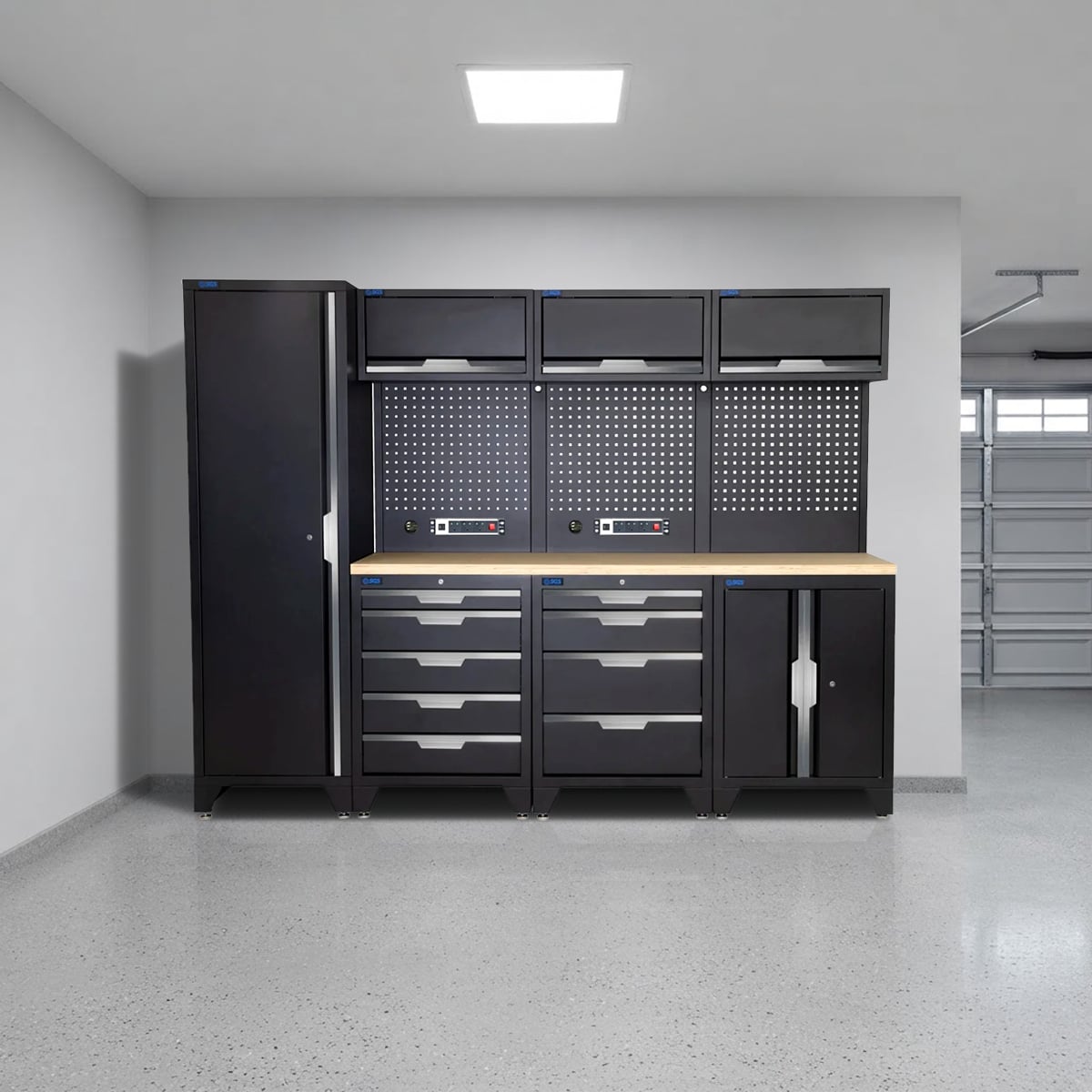 SGS 10pc Modular Garage Storage | 9 Drawers | Plywood Worktop | Tall Single Cabinet | Floor Cabinet | 3x Upper Cabinets | 2x Pegboards with Power Strip